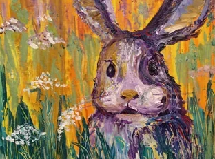 Painted portrait of a rabbit with a colorful, abstract background of yellow, orange, green, and purple