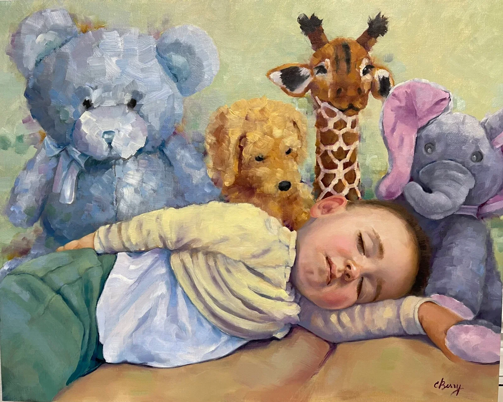 A girl with brown hair sleeping with her head resting on a soft surface, surrounded by stuffed animals including a blue teddy bear, a small brown puppy, a giraffe, and an elephant. The girl is wearing a yellow striped long-sleeve shirt and green pant