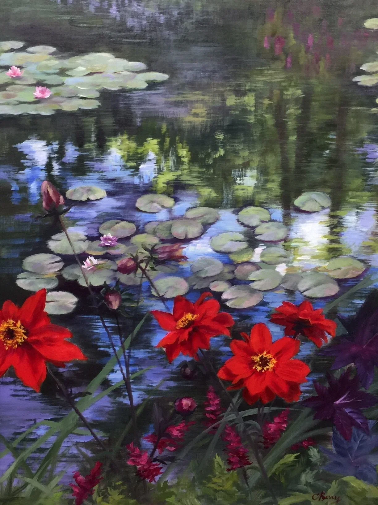 Painted scene of a pond with lily pads, pink and red flowers, and reflections of trees and sky in the water.