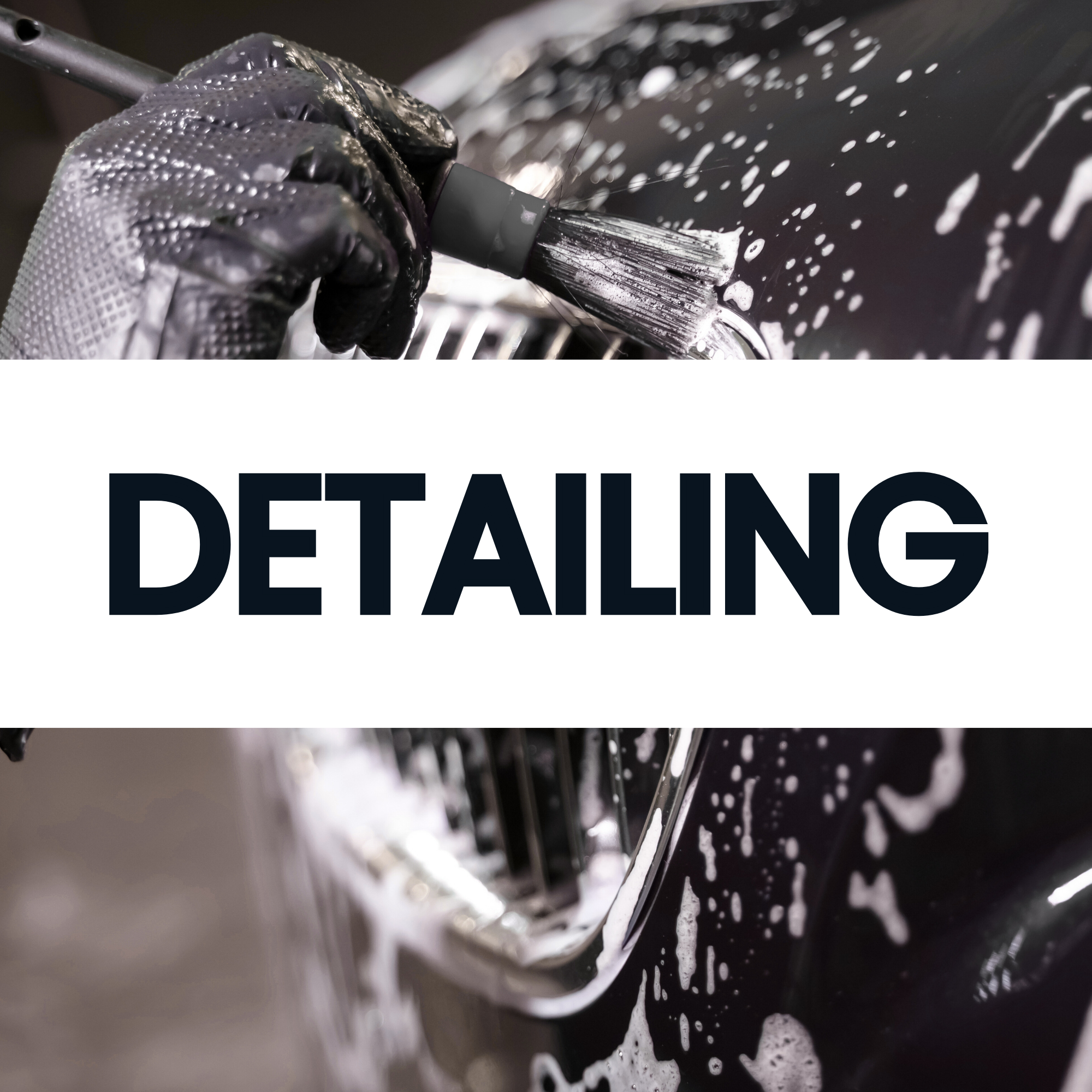 Close-up of someone washing a black car with soap and a brush, with the word 'DETAILING' in bold text overlayed.