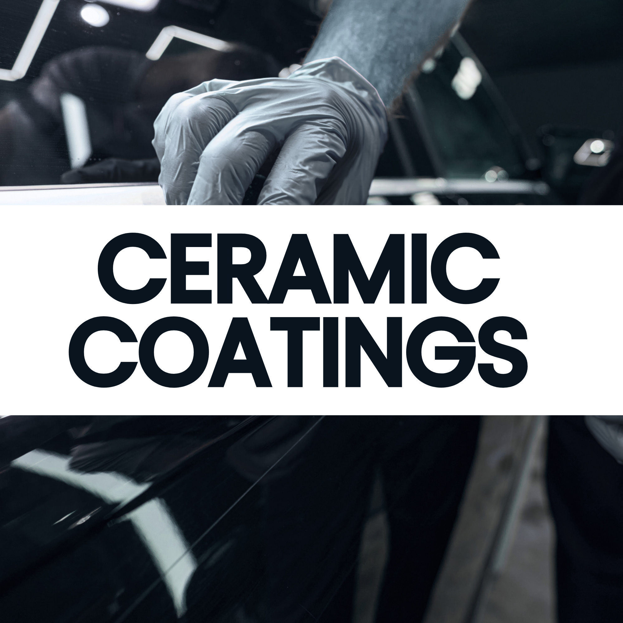 Close-up of a gloved hand applying a ceramic coating to a car's surface in a garage.