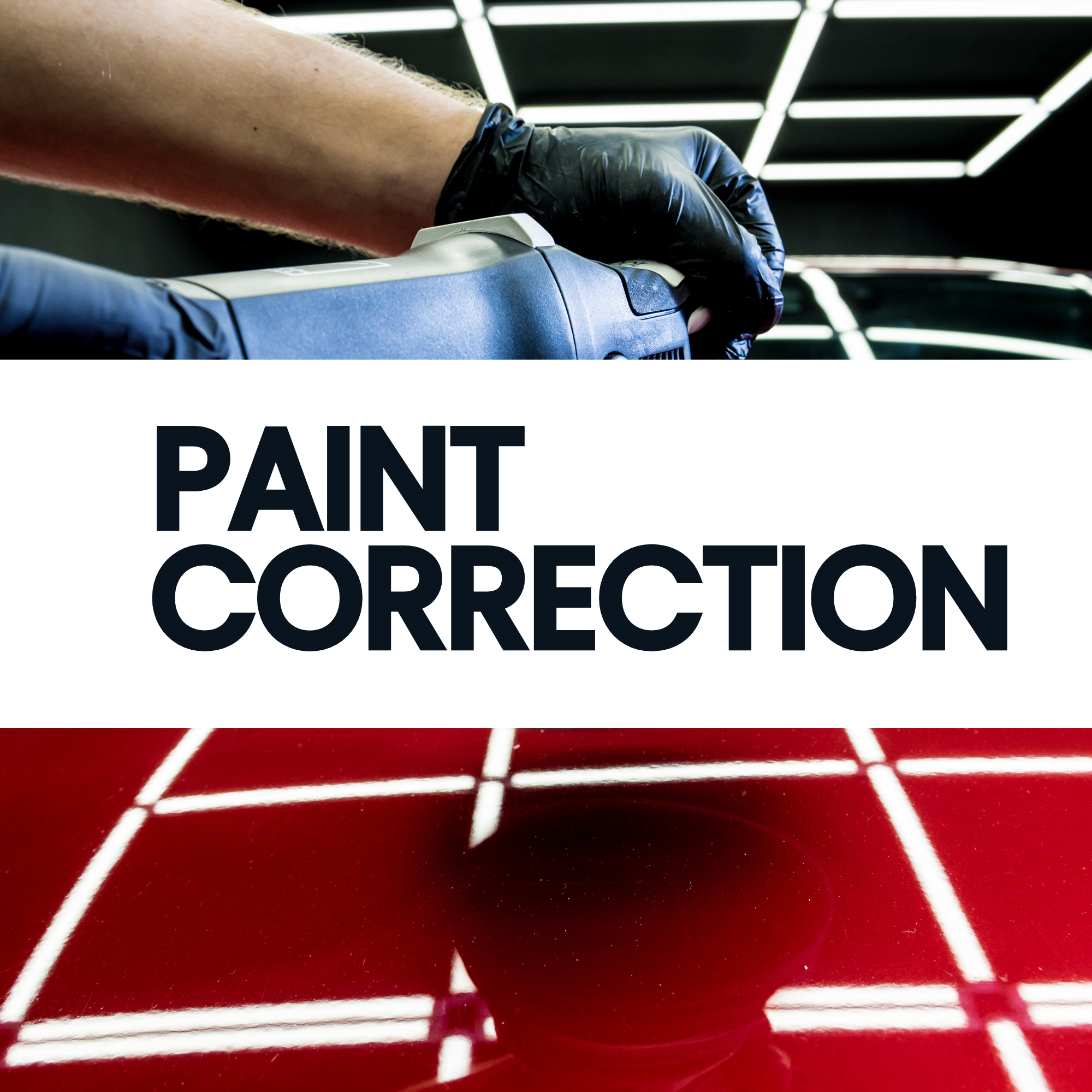 A person wearing black gloves applying paint correction to a car, with the words "Paint Correction" overlaid on the image, which features bright white LED ceiling lights and a red, glossy surface with white grid lines.