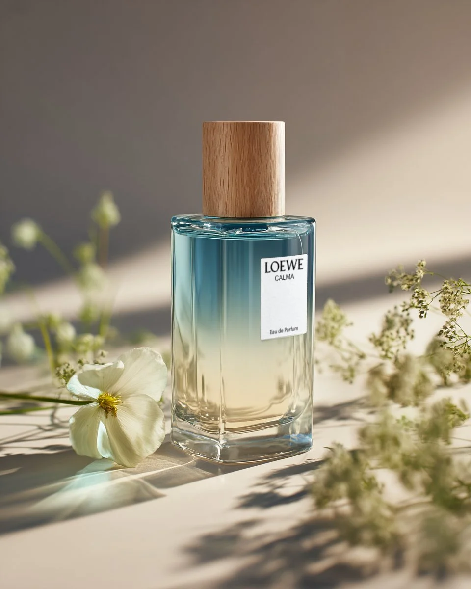 A clear glass perfume bottle labeled 'LOEWE CALMA Eau de Parfum' with a wooden cap, surrounded by white flowers on a light-colored surface with soft natural lighting.