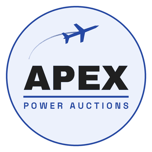 Logo for Apex Power Auctions featuring an airplane and text.