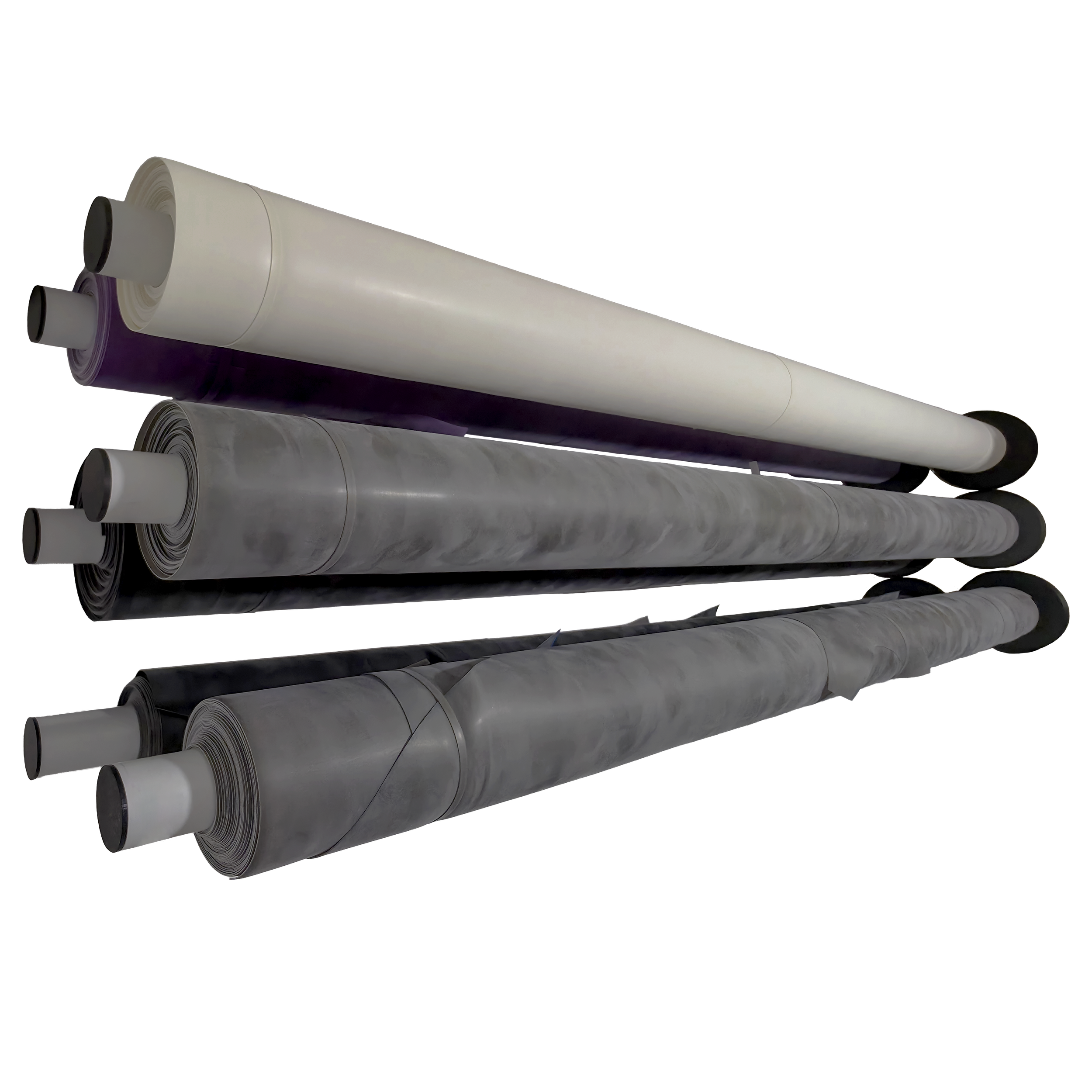 Notre matière première : 
Nos rouleaux de latex naturel, disposés horizontalement dans notre local de stockage.