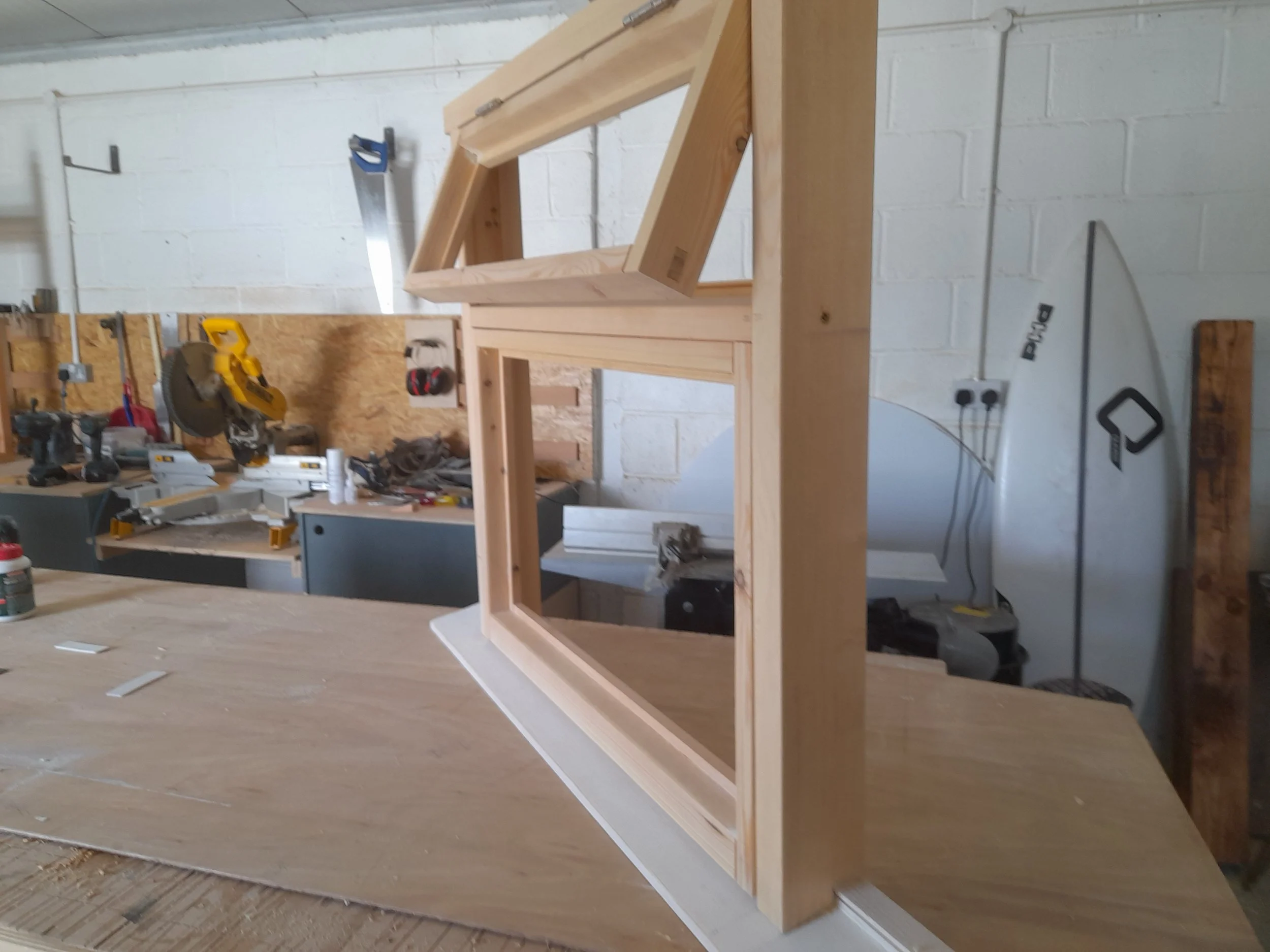 Bespoke softwood window construction in the GS Carpentry workshop in North Norfolk.