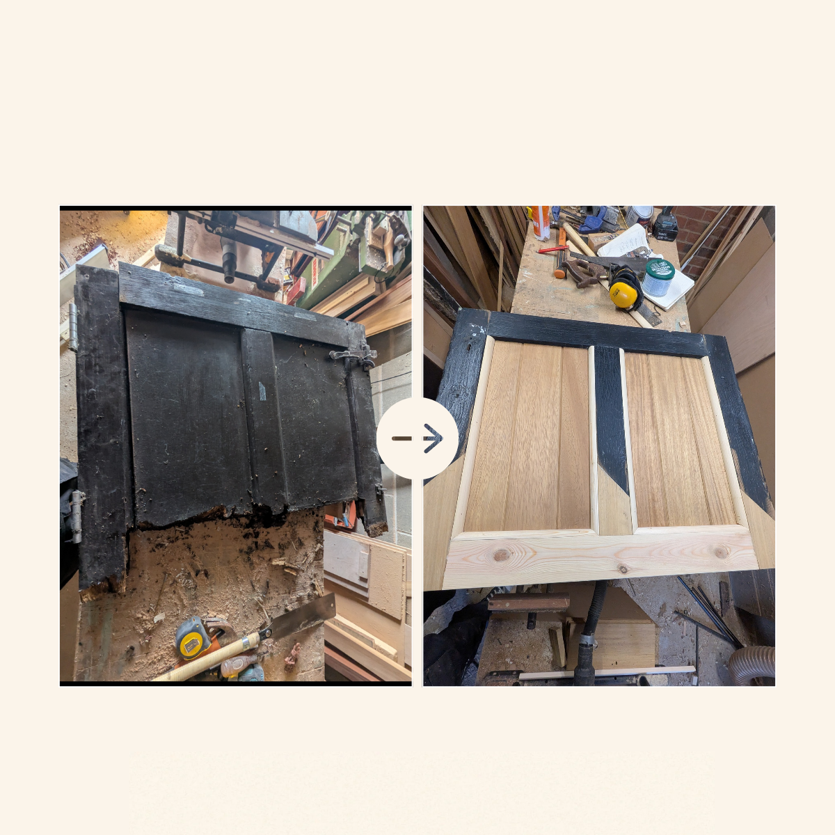 Before and after: Structural repair of a rotten oak door featuring a new hardwood bottom rail and traditional wedged mortice and tenon joinery.
