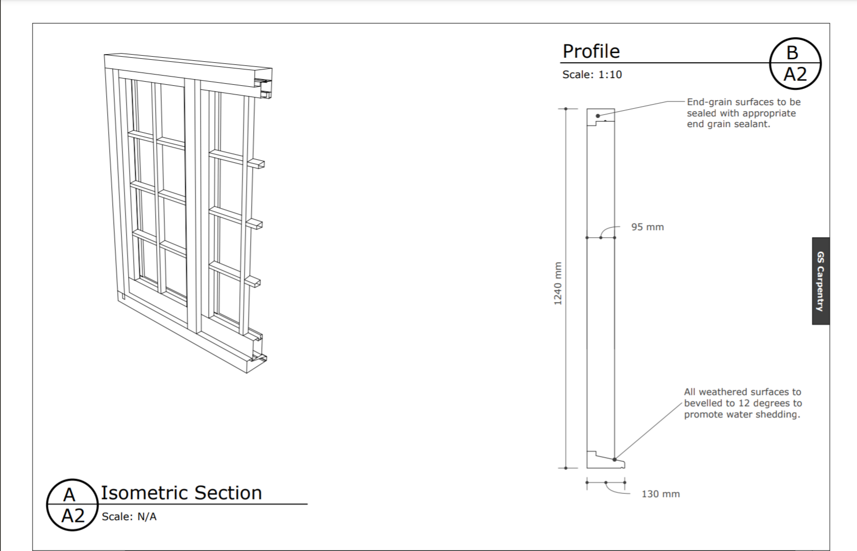 Technical CAD drawing showing a cross-section of bespoke timber casement windows by GS Carpentry.