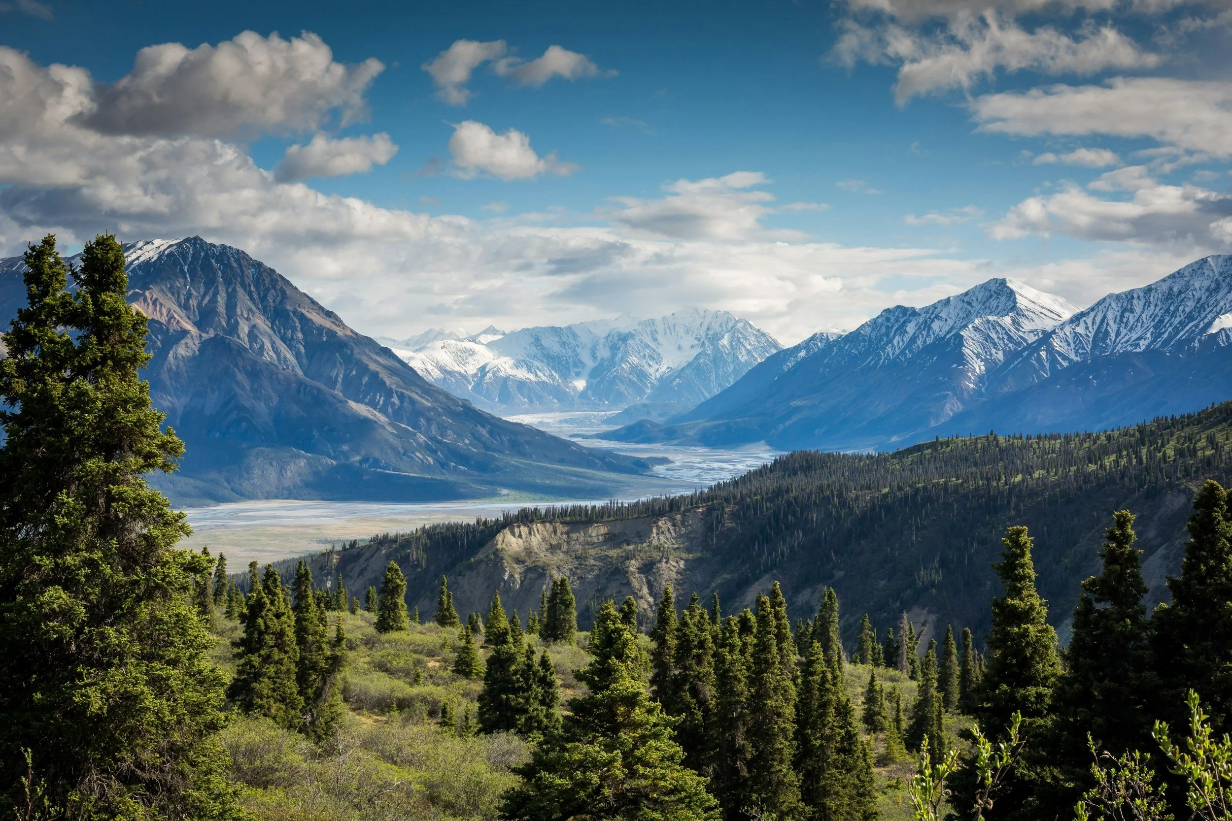 Snow-capped mountains with green forest in foreground and partly cloudy blue sky