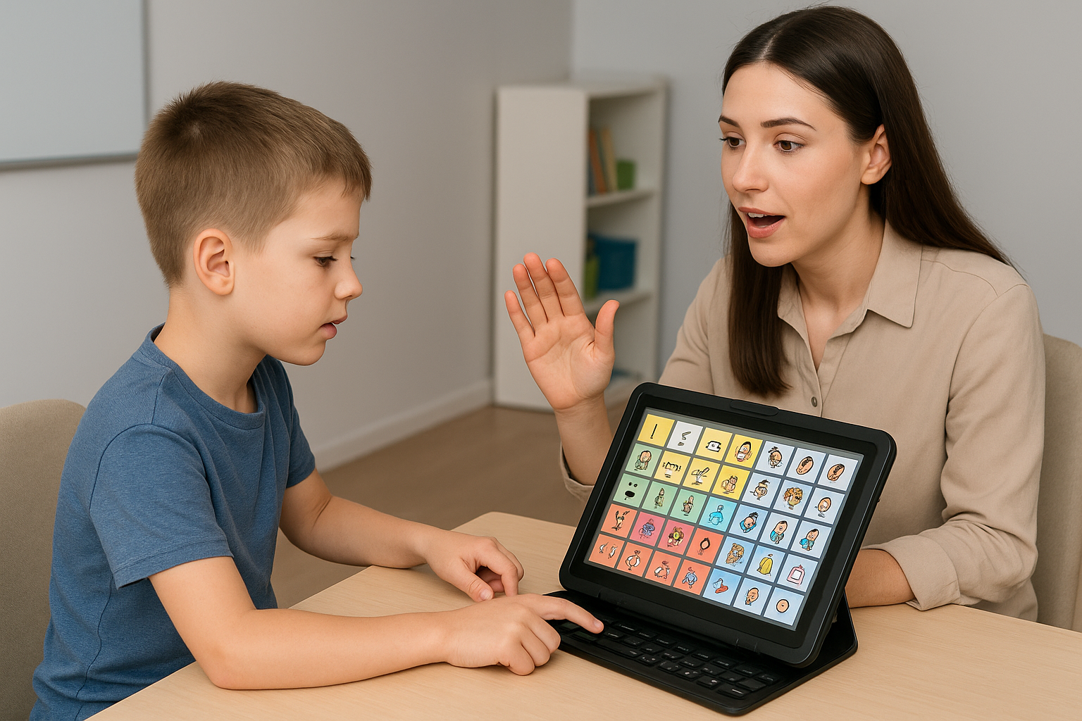 A young boy using a speech-generating device with pictures, guided by a woman during a therapy session.