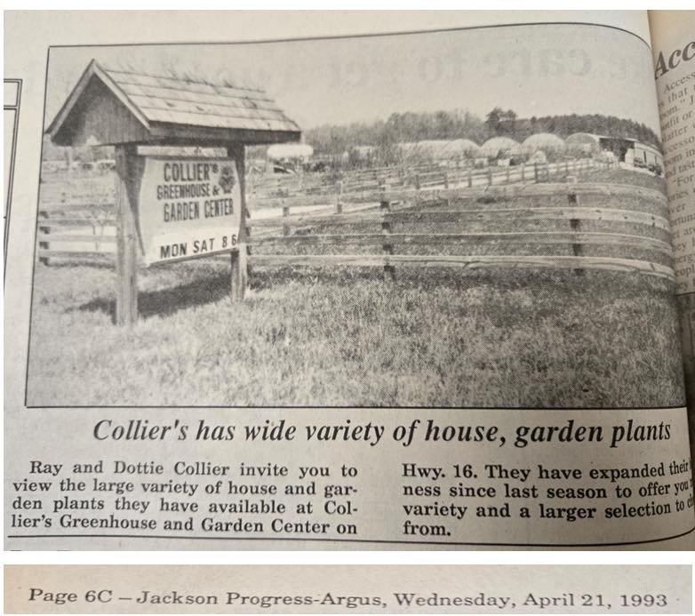 A little piece of Collier&rsquo;s history.

This photo ran in the Jackson Progress-Argus back in 1993 when owners Ray and Dottie were inviting folks to come see the greenhouse on Highway 16.

A lot has grown since then, but one thing hasn&rsquo;t&hel