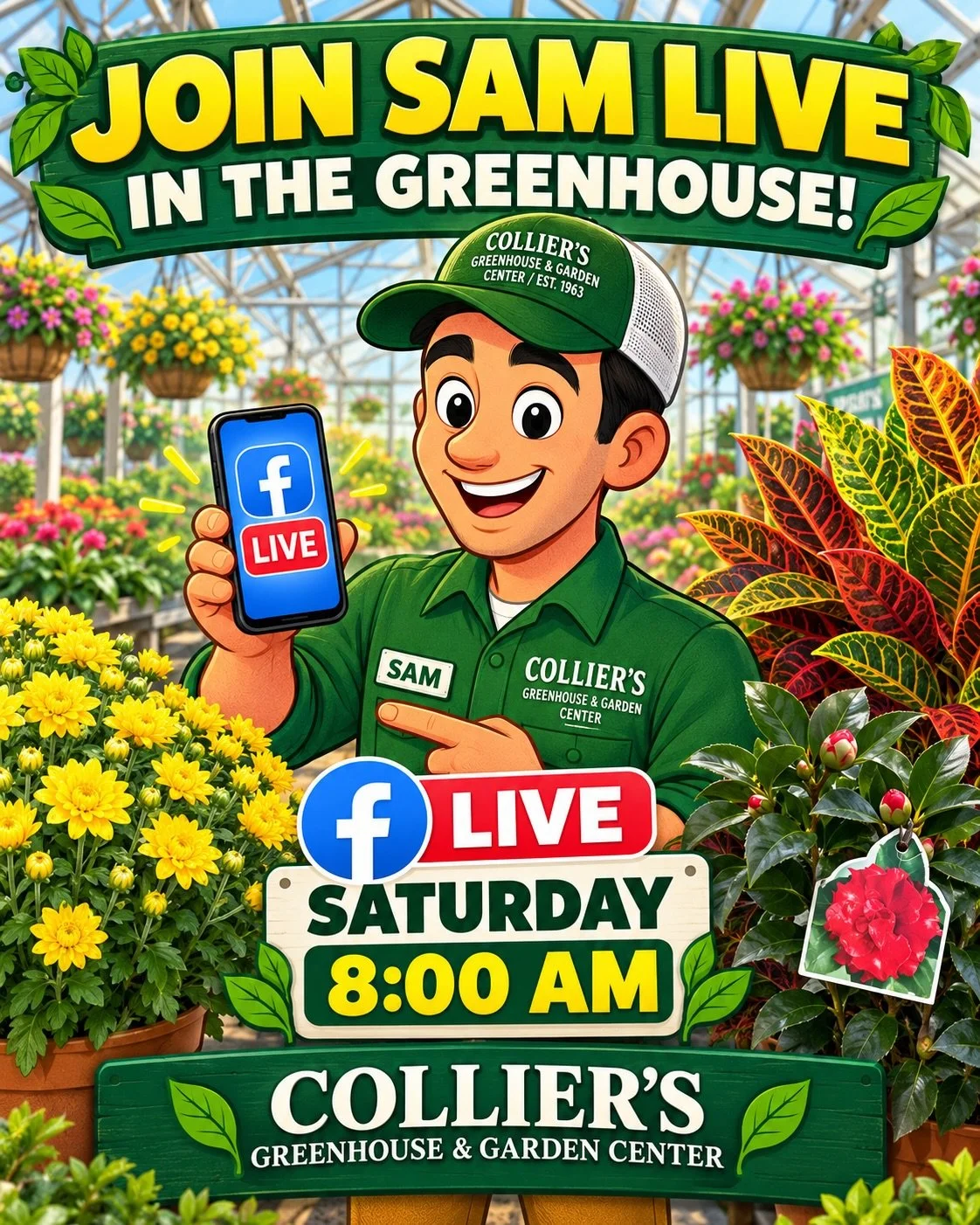 🚨 SATURDAY MORNING LIVE FROM THE GREENHOUSE! 🌿🔥

Join Sam LIVE at 8:00 AM tomorrow for a walk through Collier&rsquo;s and a look at what&rsquo;s happening right now!

We&rsquo;ve got fall color starting to show, mums cracking open, asters budding,