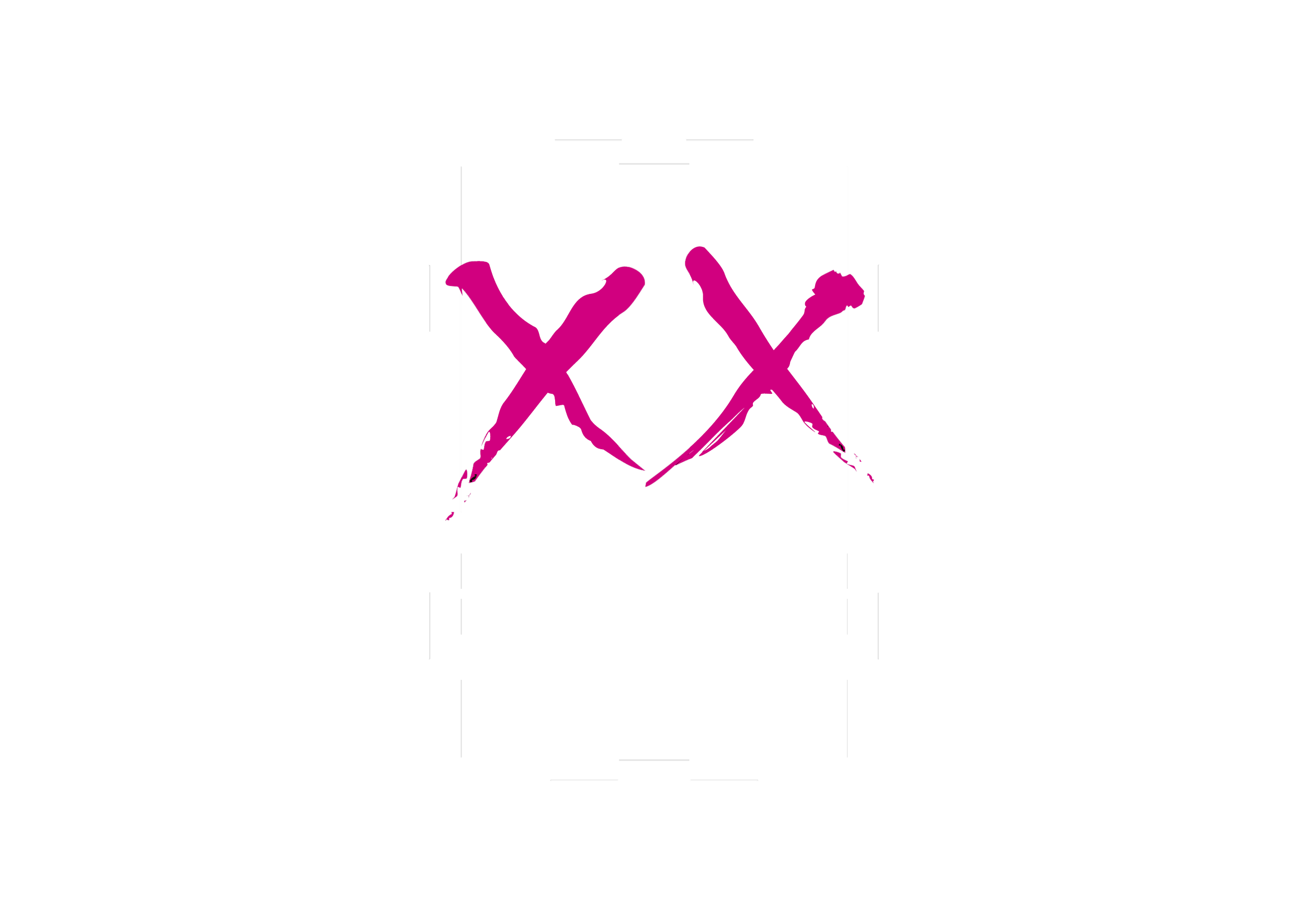 A black background with a white geometric design resembling a diamond shape with arrows pointing in four directions. The design includes the letter 'X' in pink with a rough, brush-stroke style overlayed on the geometric figure.