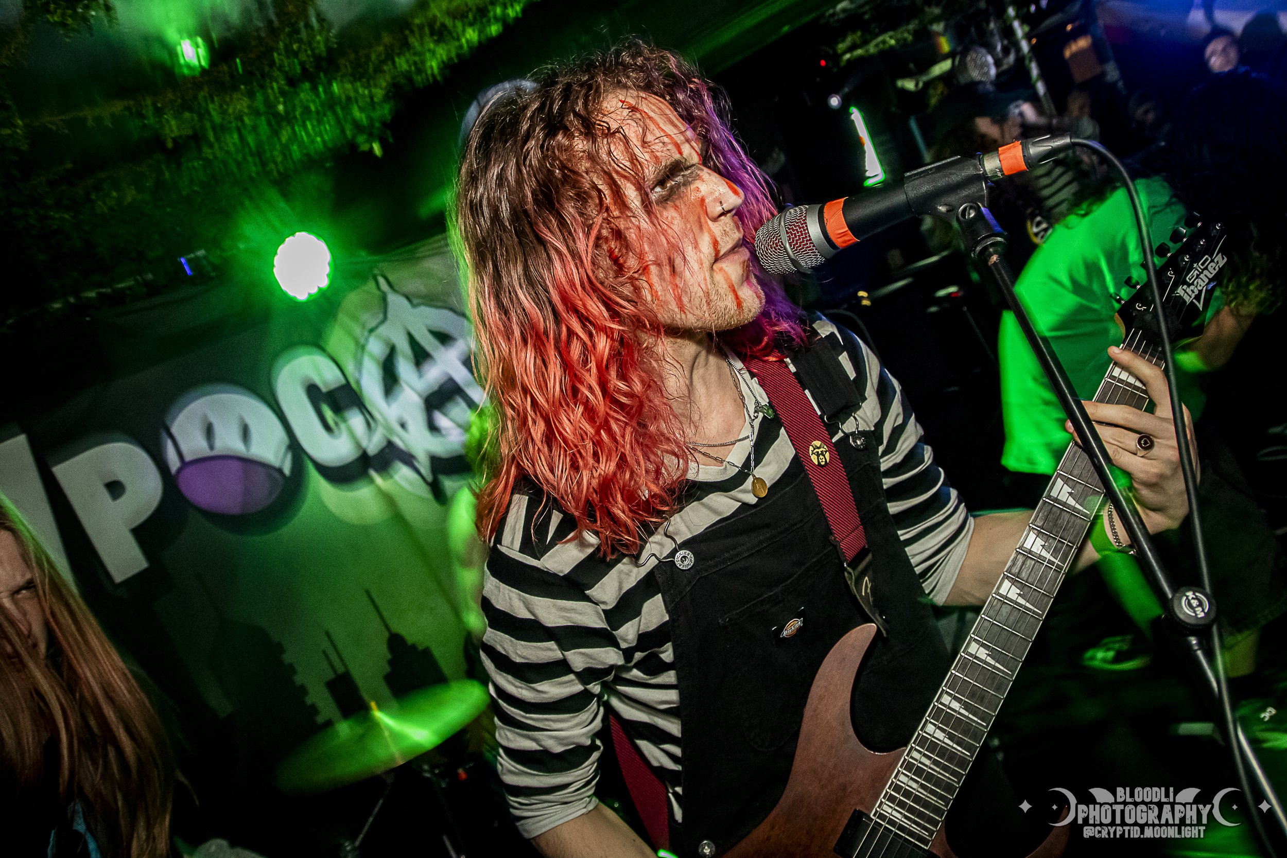 A musician with wavy, pink and red hair plays an electric guitar and sings into a microphone during a live performance. The background is lit with green stage lights and a band logo is visible.