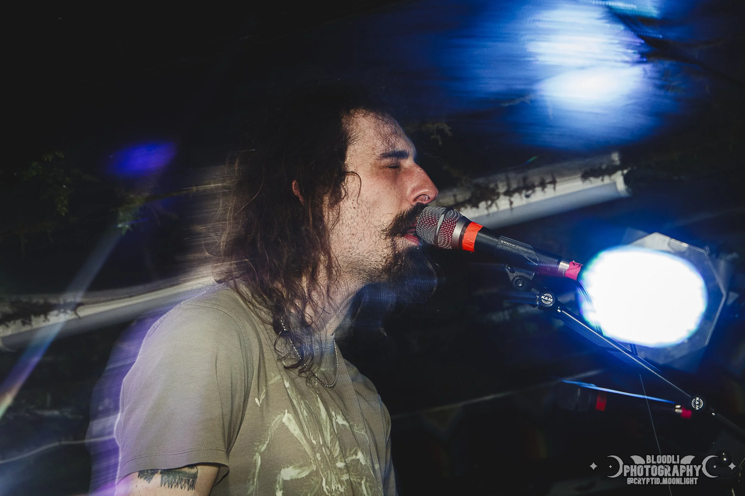 A male musician with long dark hair and a mustache singing into a microphone during a live performance, with stage lighting creating a blurred effect.
