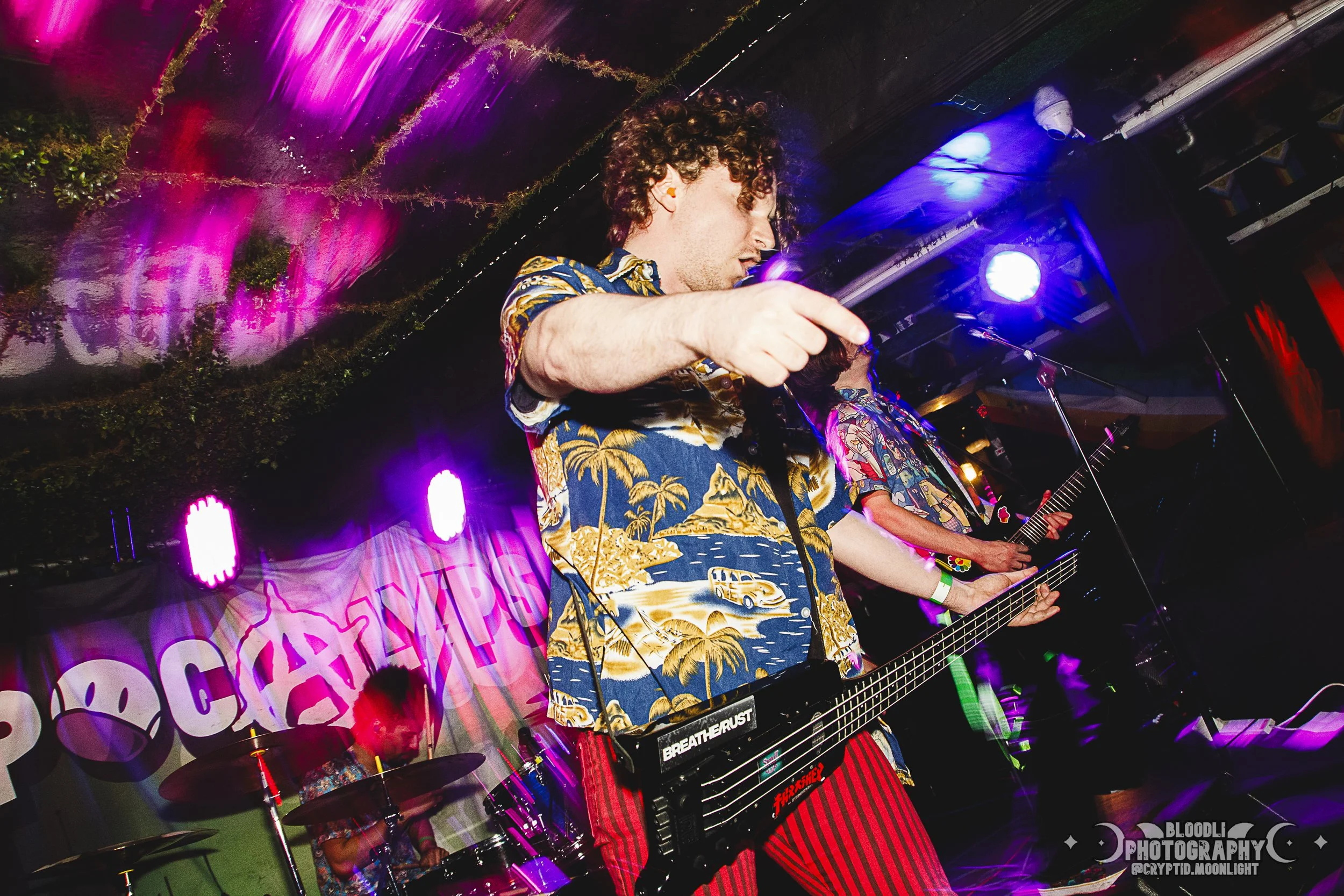 Band performing on stage at a concert, with colorful lighting and a banner that reads 'CAMP'. The musicians are wearing tropical shirts, and the background shows drums and a bassist.