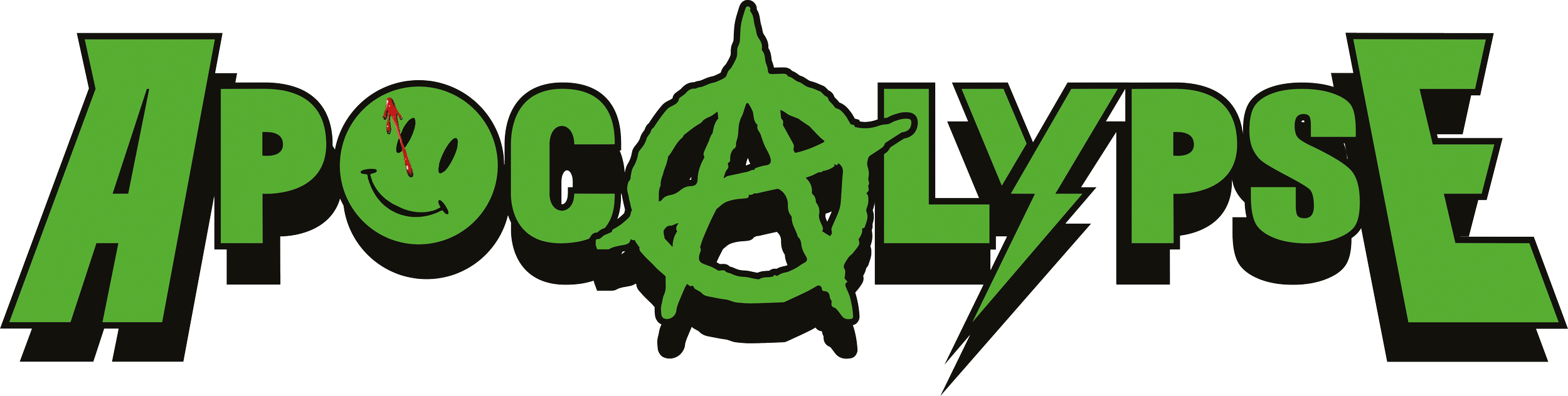 A colorful logo with the word 'POCALYPSE' in green, stylized with a snake tongue and an anchor as the 'O', and a lightning bolt replacing the letter 'Y'.