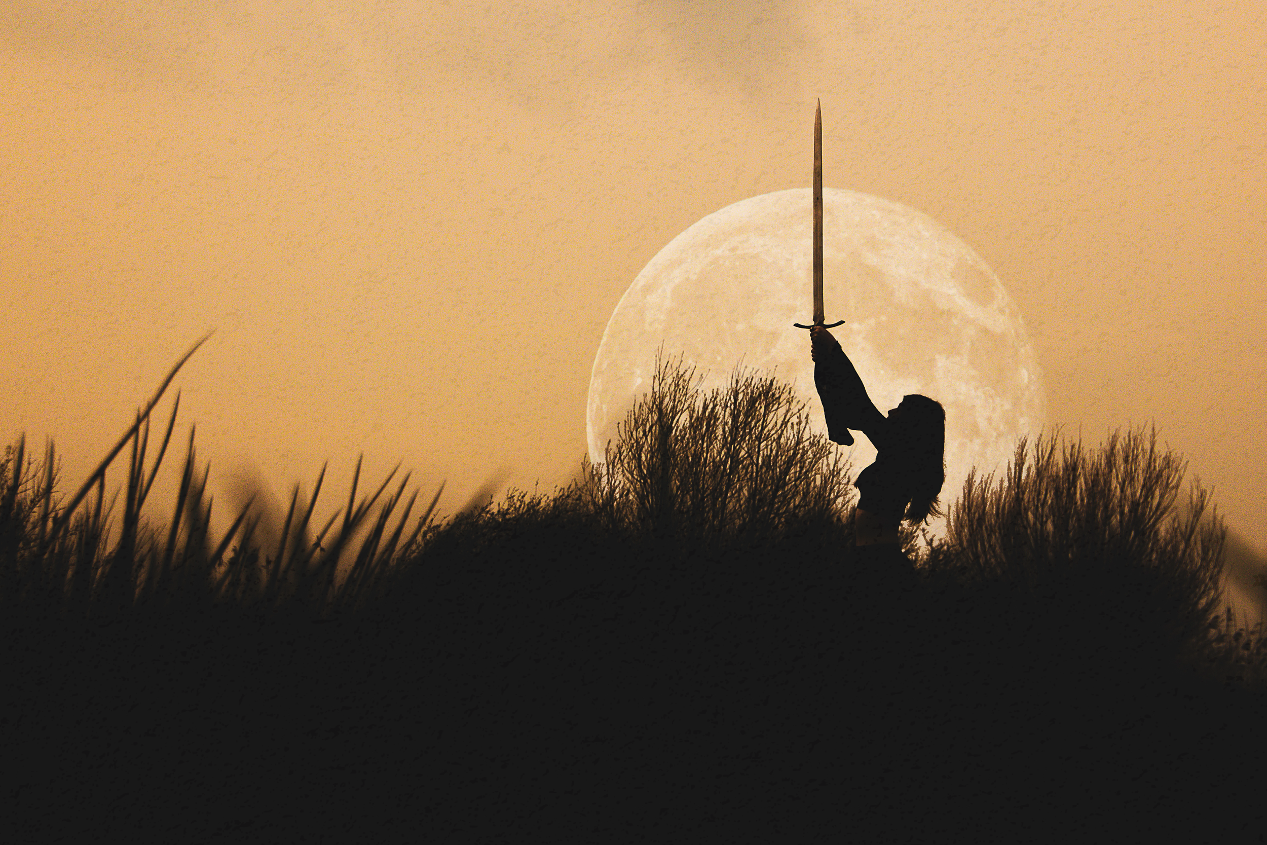 Silhouette of a person holding a sword in the air, standing on a grassy hill with a large full moon in the background during sunset.