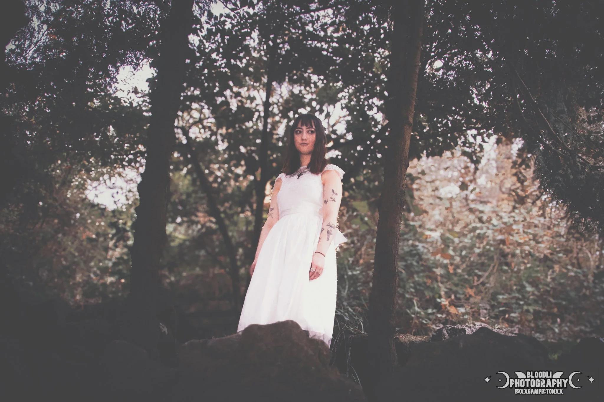 A woman in a white dress standing amidst trees in a forest during twilight.