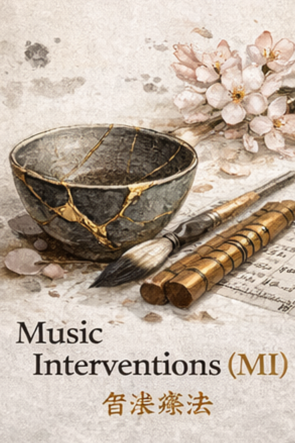 A black and gold cracked ceramic bowl, a bamboo flute, a paintbrush, and a cherry blossom branch on a textured surface, with the text 'Music Interventions (MI)' and Chinese characters below.