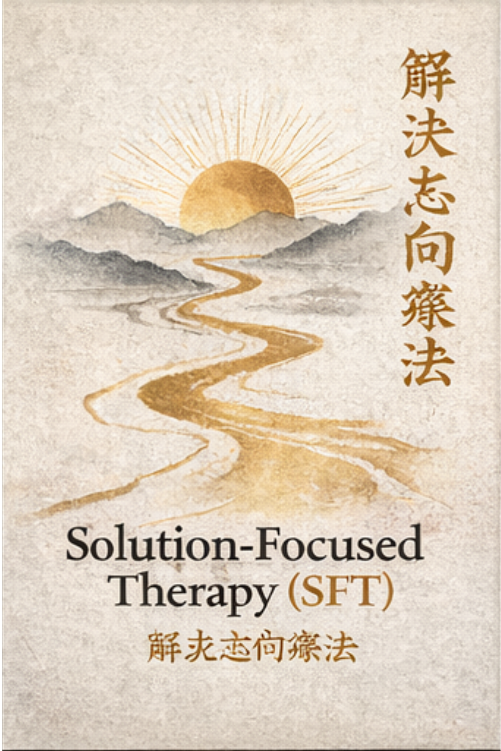 A watercolor-style landscape featuring mountains, a winding river, and a rising or setting sun with rays. There is Japanese text on the right and bottom, and the text 'Solution-Focused Therapy (SFT)' in the center.
