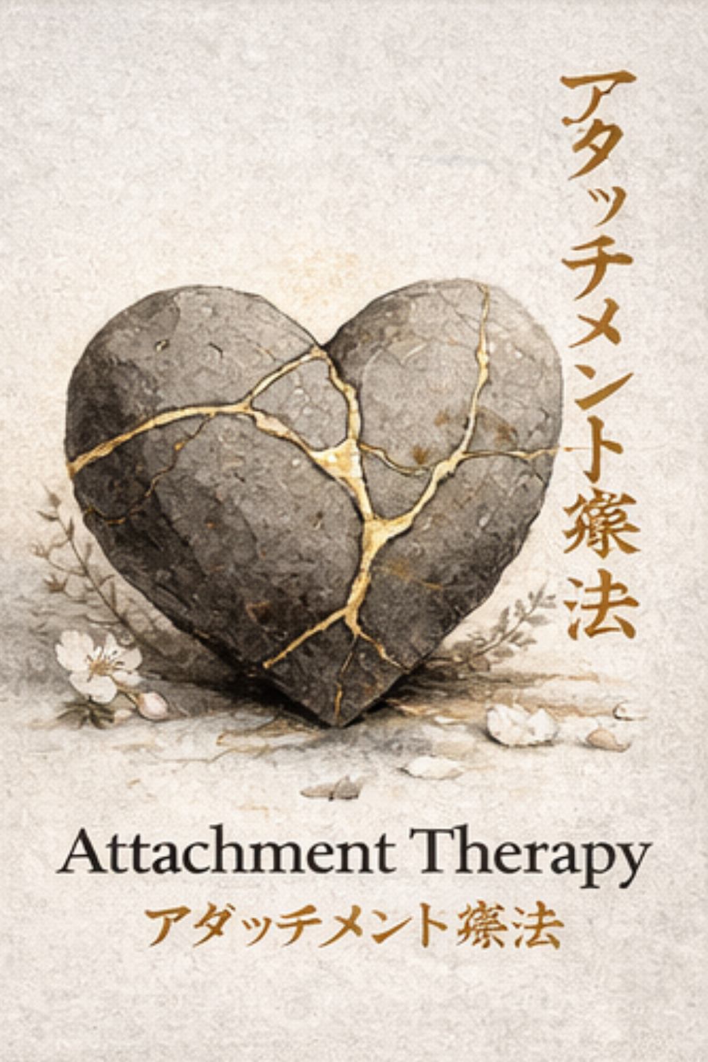 Image of a cracked, stone heart with gold cracks, with Japanese text above and below it, and the English words 'Attachment Therapy' at the bottom.