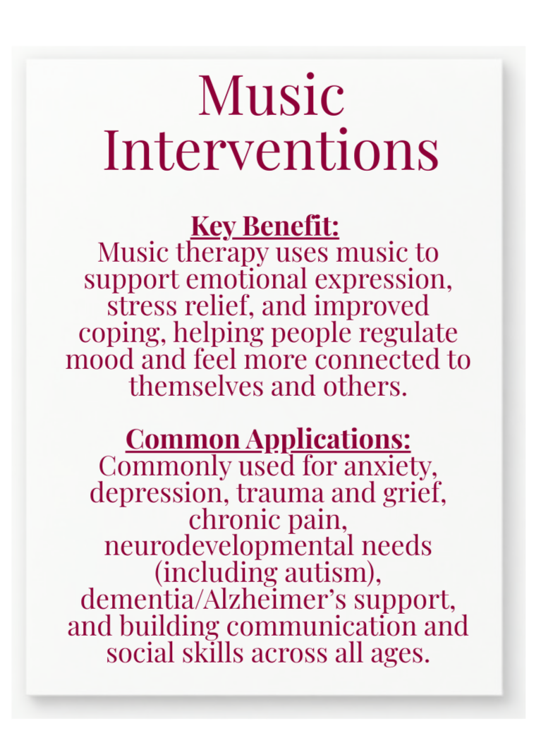 A poster titled 'Music Interventions' explaining the benefits and applications of music therapy for emotional expression, stress relief, mood regulation, anxiety, depression, trauma, grief, chronic pain, neurodevelopmental needs, dementia, Alzheimer's, and social skills across all ages.