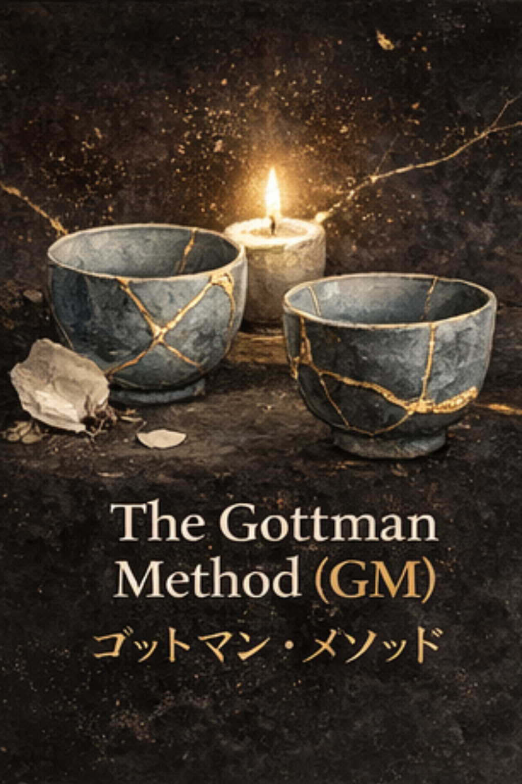 Three ceramic bowls with gold cracks, a lit candle, white shells, and a black background with gold specks, representing The Gottman Method (GM) in relationship counseling.