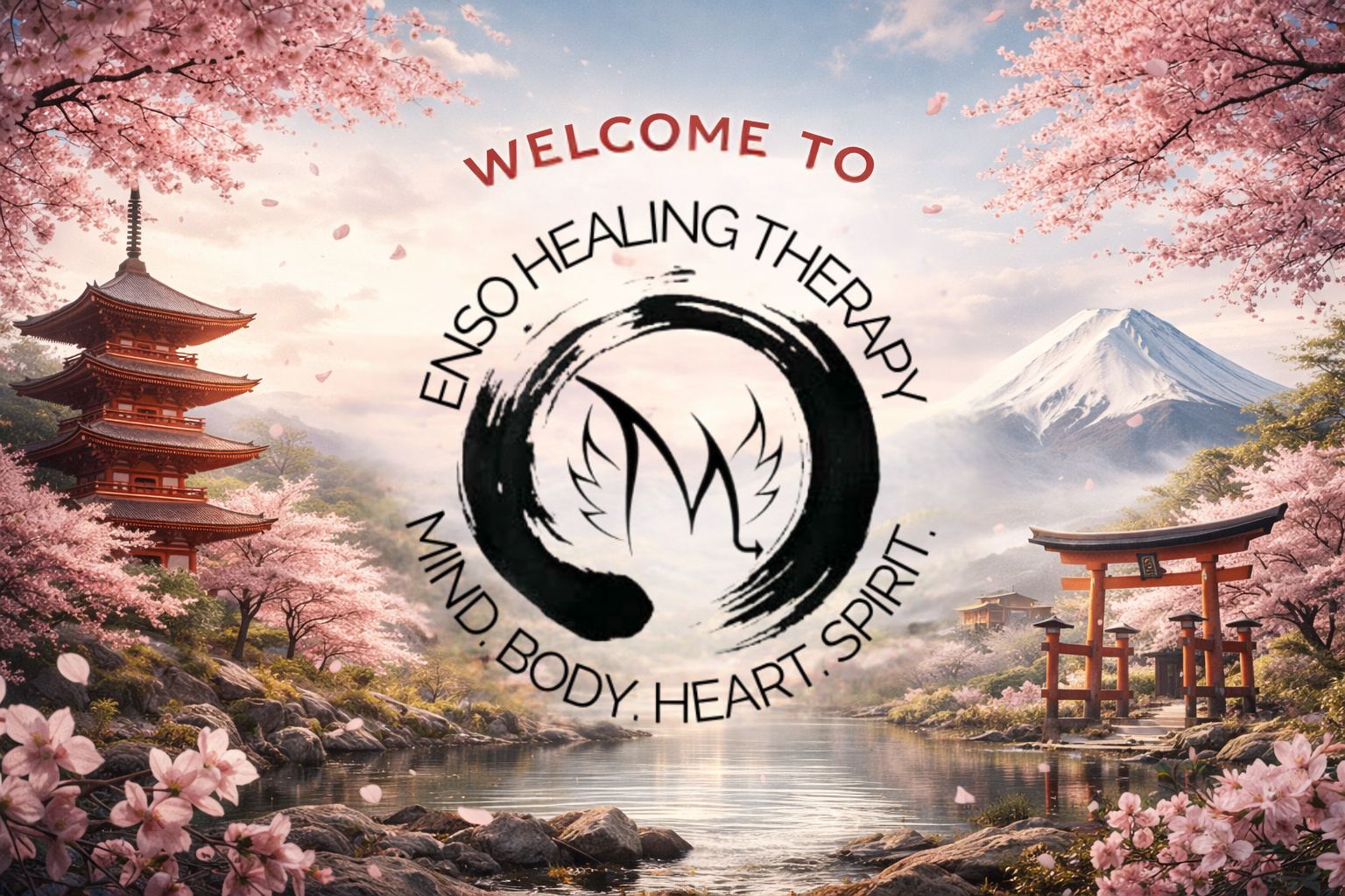 Traditional Japanese landscape featuring cherry blossoms, a pagoda, a torii gate, and Mount Fuji in the background with a river in the foreground, overlaid with a logo and text promoting therapy and healing.