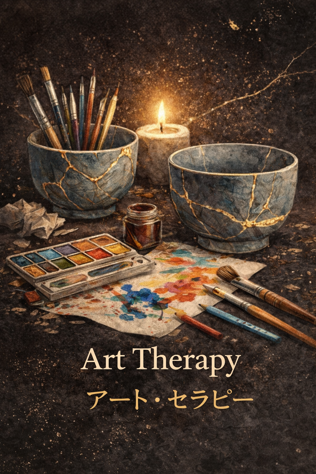 Art therapy setup with paintbrushes in a marble bowl, watercolor paints, an open paint palette with colorful paints, a paper with splashes of watercolor, an ink jar, and a lit candle on a dark surface.