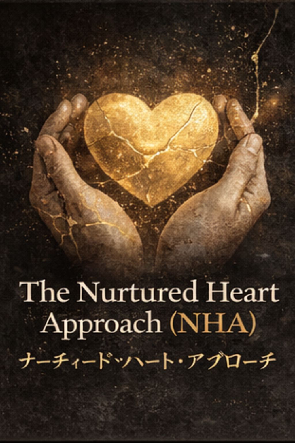 The cover of a book titled "The Nurtured Heart Approach (NHA)" shows hands holding a cracked golden heart surrounded by a dark, glittery background.