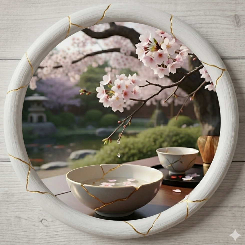 Decorative round mirror with gold crack accents reflecting cherry blossom branches over a table with bowls and a teacup, and a serene outdoor background with trees and a pond.