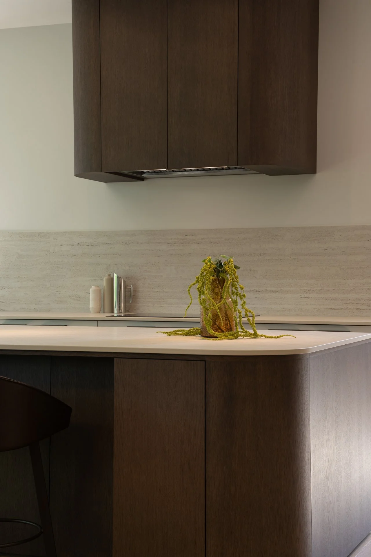 Une cuisine moderne avec un plan de travail blanc, un placard en bois foncé, une plante verte dans un vase en pot, et quelques objets décoratifs sur le comptoir.