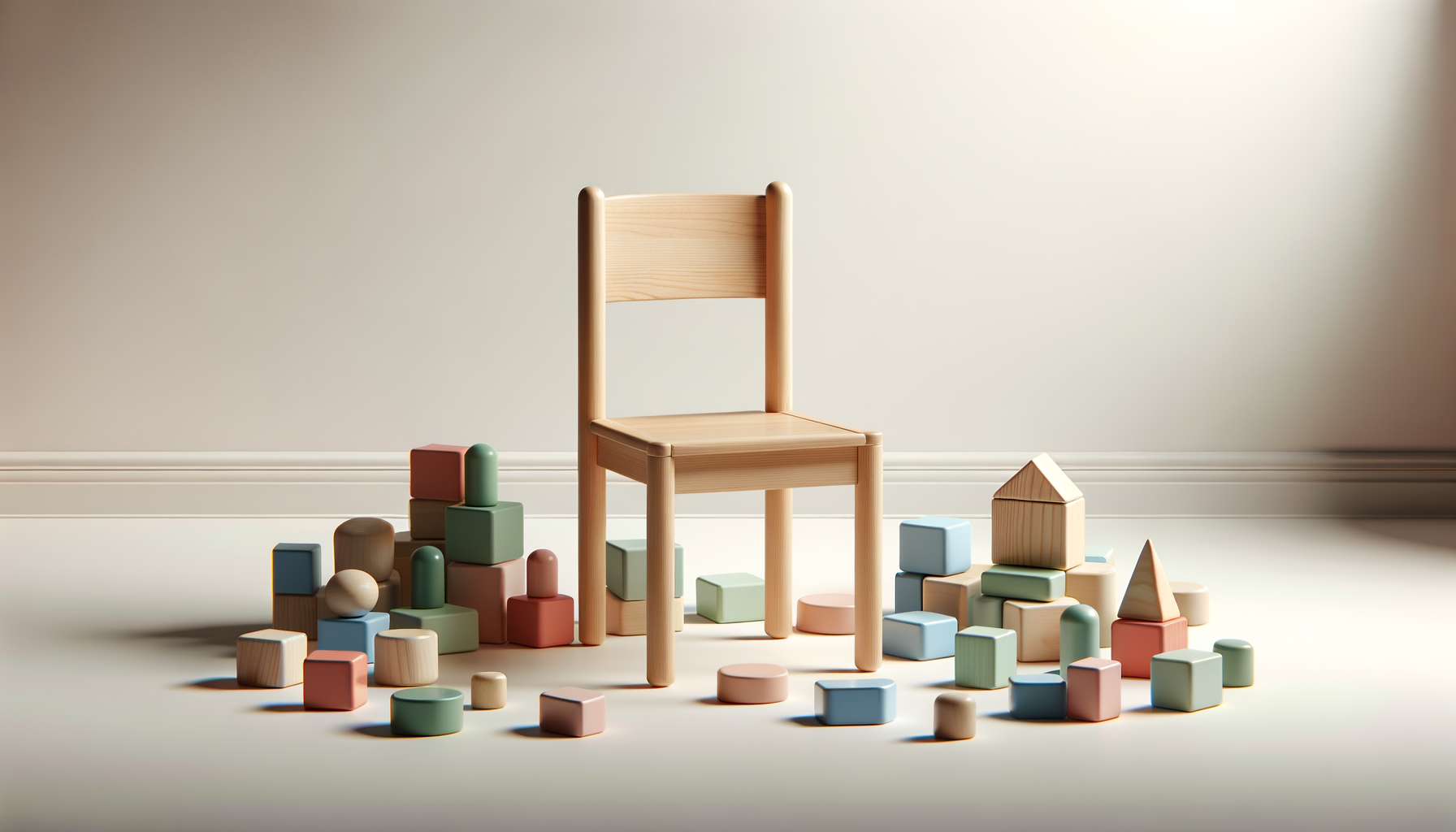 Empty wooden chair surrounded by colorful geometric toys on a white floor in a minimalist setting