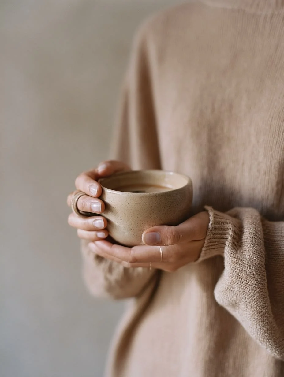 Person holding a beige ceramic mug filled with a hot beverage, wearing a light beige sweater.