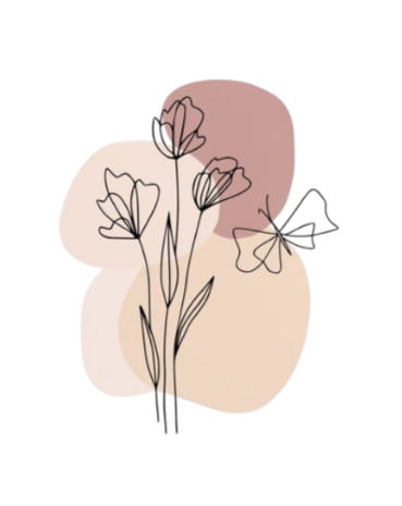 A minimalist illustration of flowers with black line drawings and pastel background shapes.