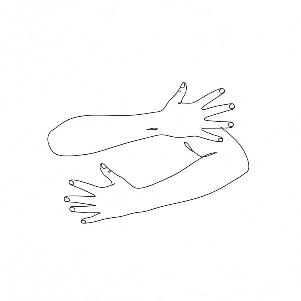 Minimalist line drawing of two hands intertwined.