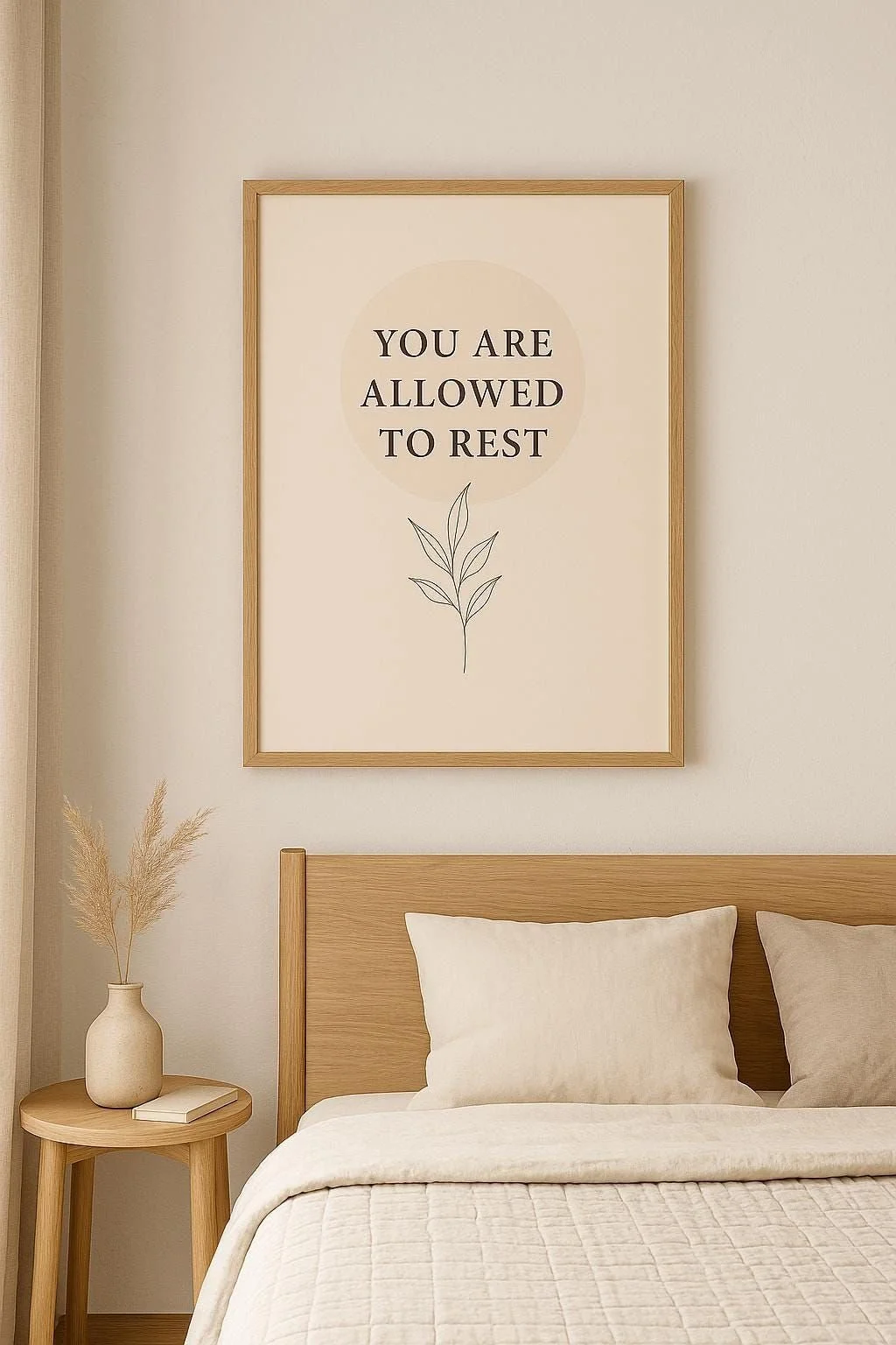 A bedroom with a wooden bed frame, white bedding, and two pillows. Next to the bed, a round wooden side table with a white vase containing pampas grass and a closed book. A framed wall art above the bed displays the message 'You are allowed to rest' with a simple line drawing of a plant underneath.
