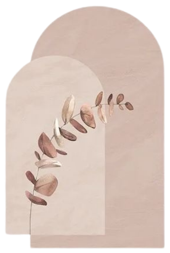 Decorative wall art featuring two arch shapes in neutral tones with a branch of dried eucalyptus leaves.
