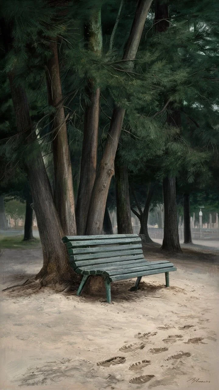 Empty park bench under trees with foot and shoe prints in sandy ground.