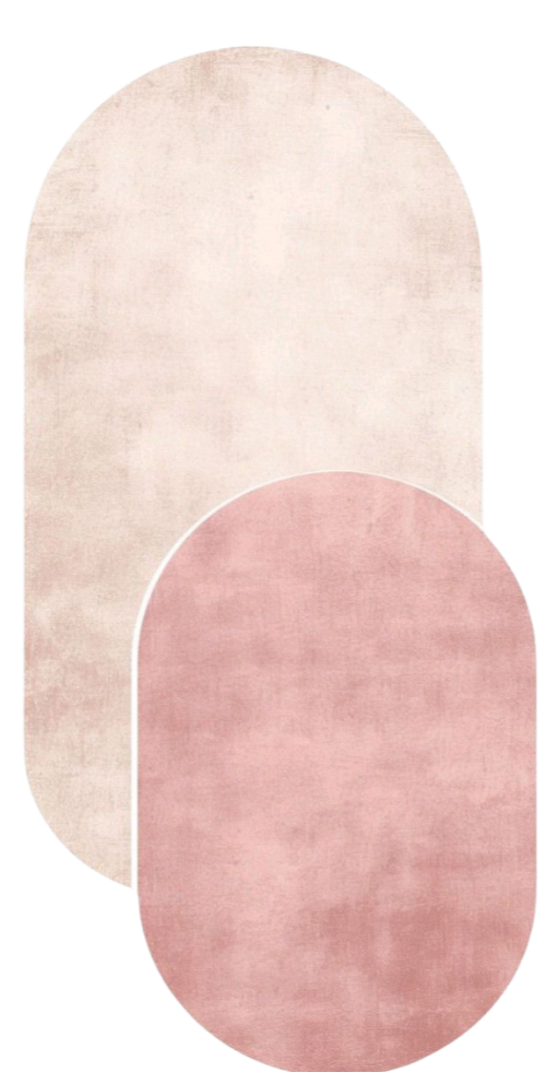 Two overlapping oval rugs, one in light beige and the other in soft pink, with a subtle textured pattern.
