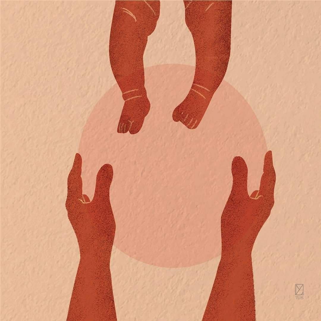 Illustration of two hands reaching toward a circle with three small arms hanging above it, on a textured beige background.