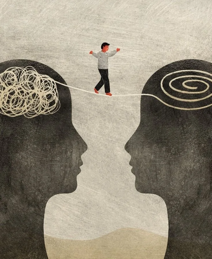 Illustration of two large faces in profile facing each other, with a person walking on a tightrope between their heads, one head with a tangled scribble representing confusion and the other with a spiral representing clarity.