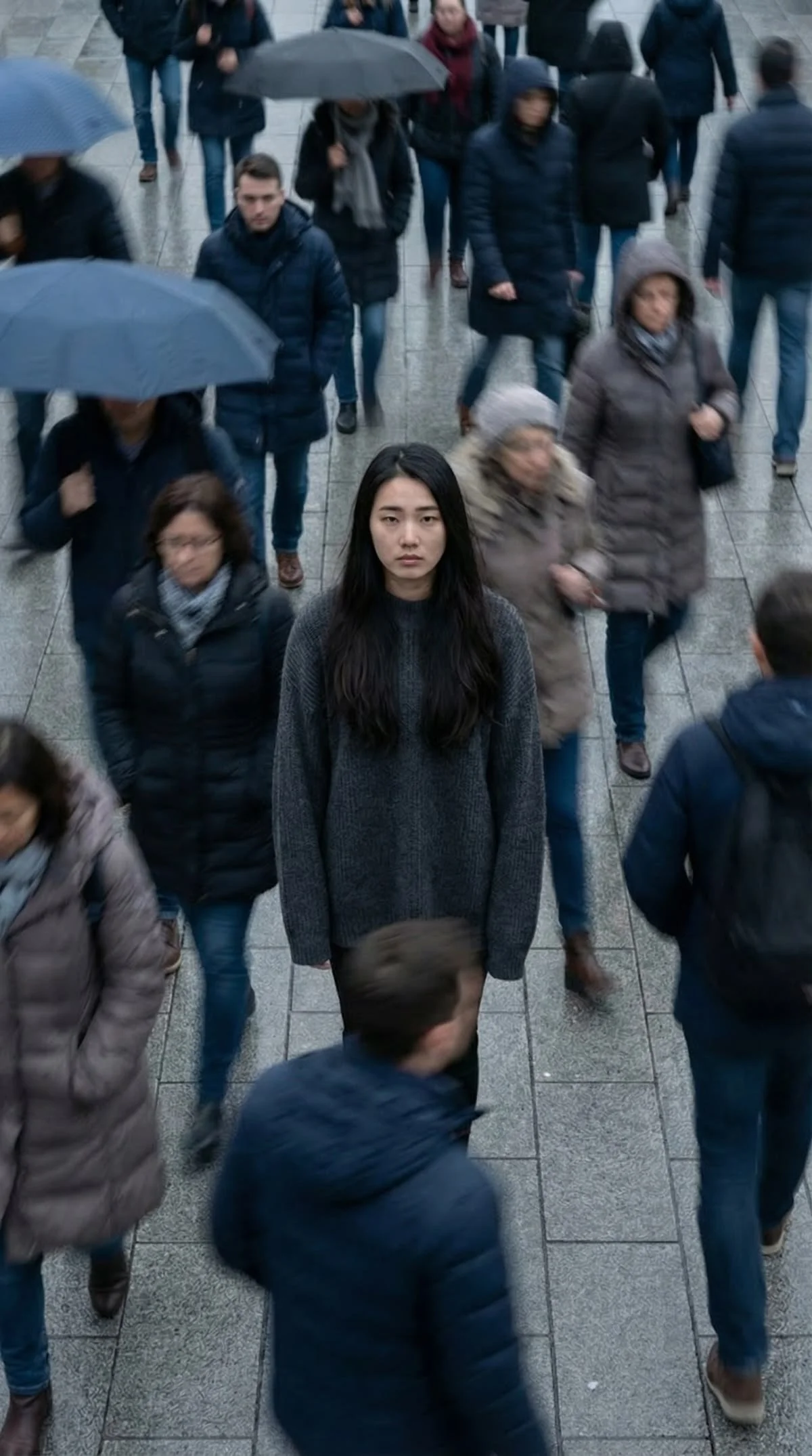 Crowd of people walking on a wet city sidewalk on a rainy day, some holding umbrellas.