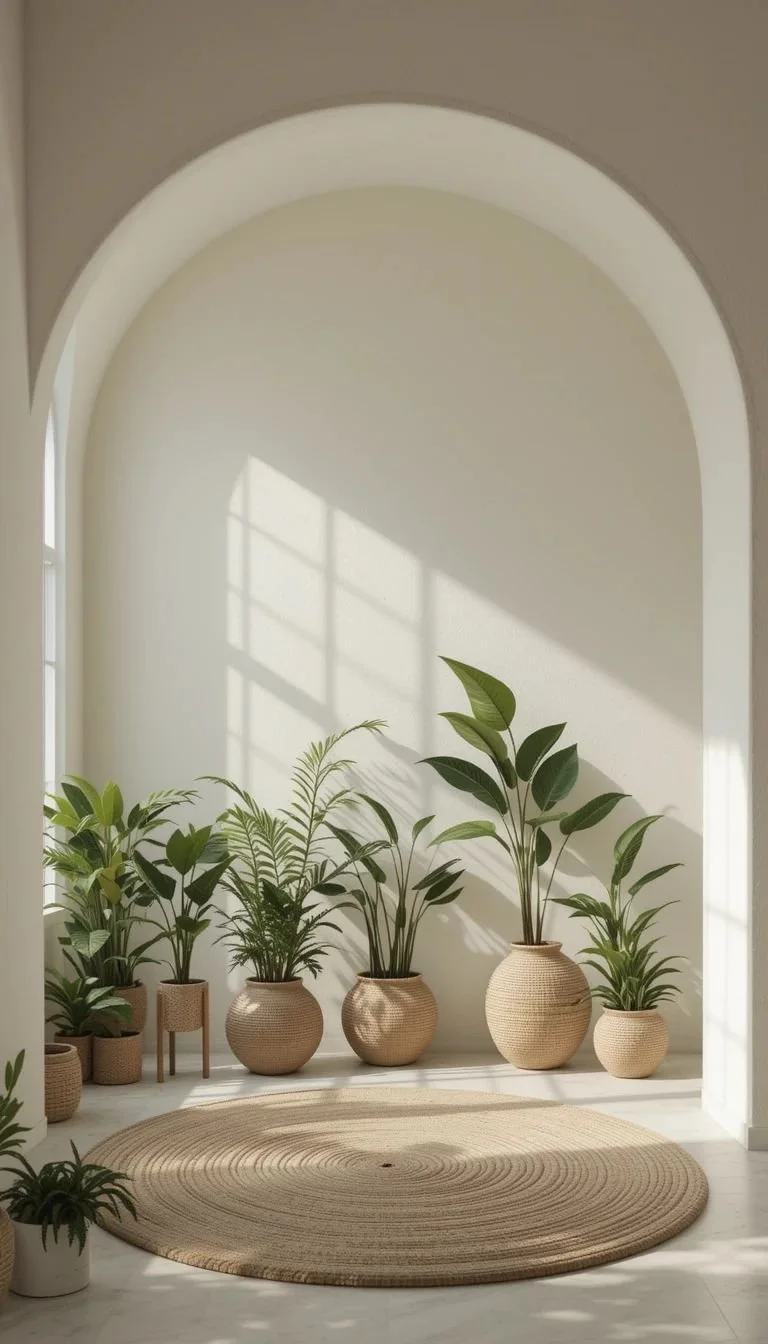 Sunlight streaming through a window, casting shadows on a beige wall with a display of various potted green houseplants, a round woven rug on the floor.
