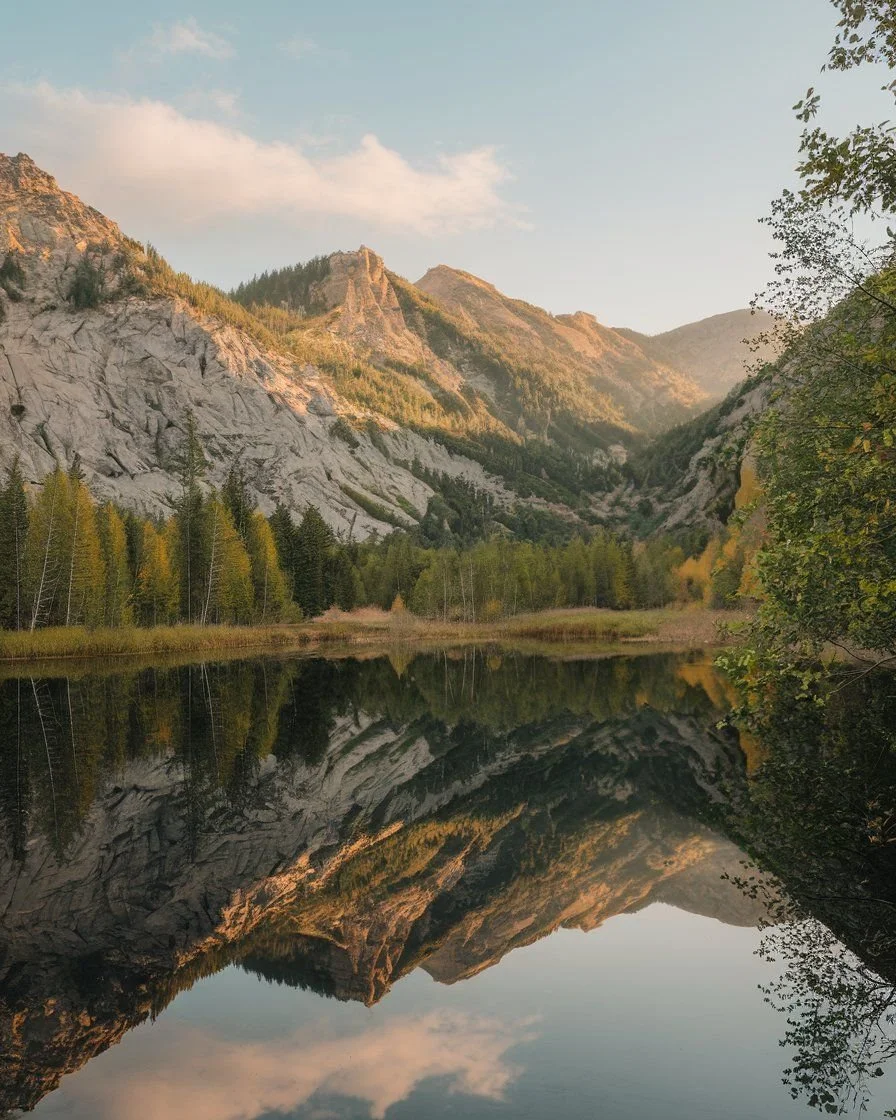 Mountains reflected in a calm lake surrounded by lush trees and greenery