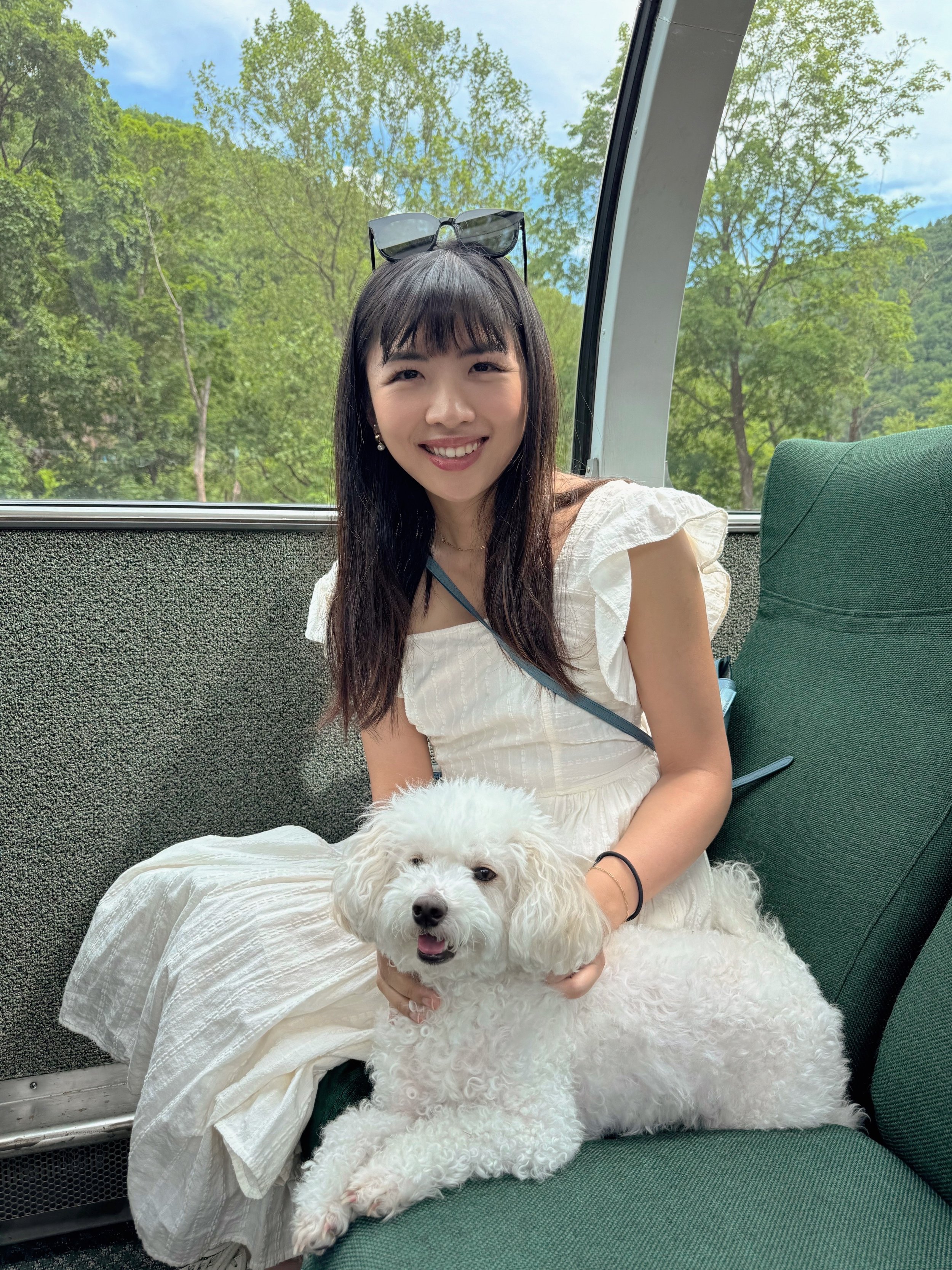 A young woman in a white dress sitting with a white poodle dog on a green seat inside an enclosed gondola with large windows, overlooking lush green trees and a blue sky.