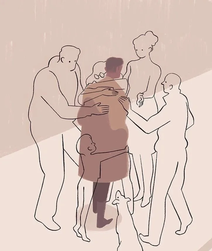 A line drawing of several people and a dog, with a faint background, illustrating a scene of multiple individuals gathered closely together.