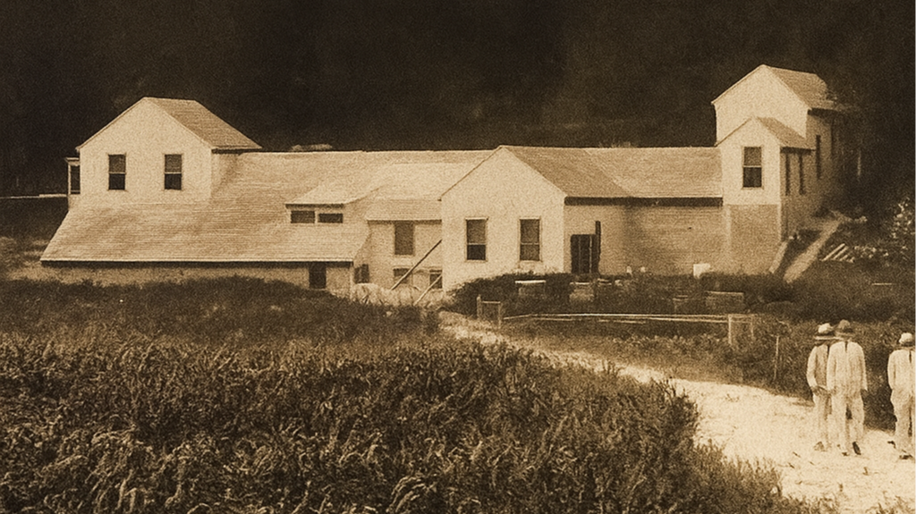 Sepia-toned photograph of a large house with multiple gabled roofs, surrounded by a grassy area and a dirt path where three people are walking, two wearing hats.
