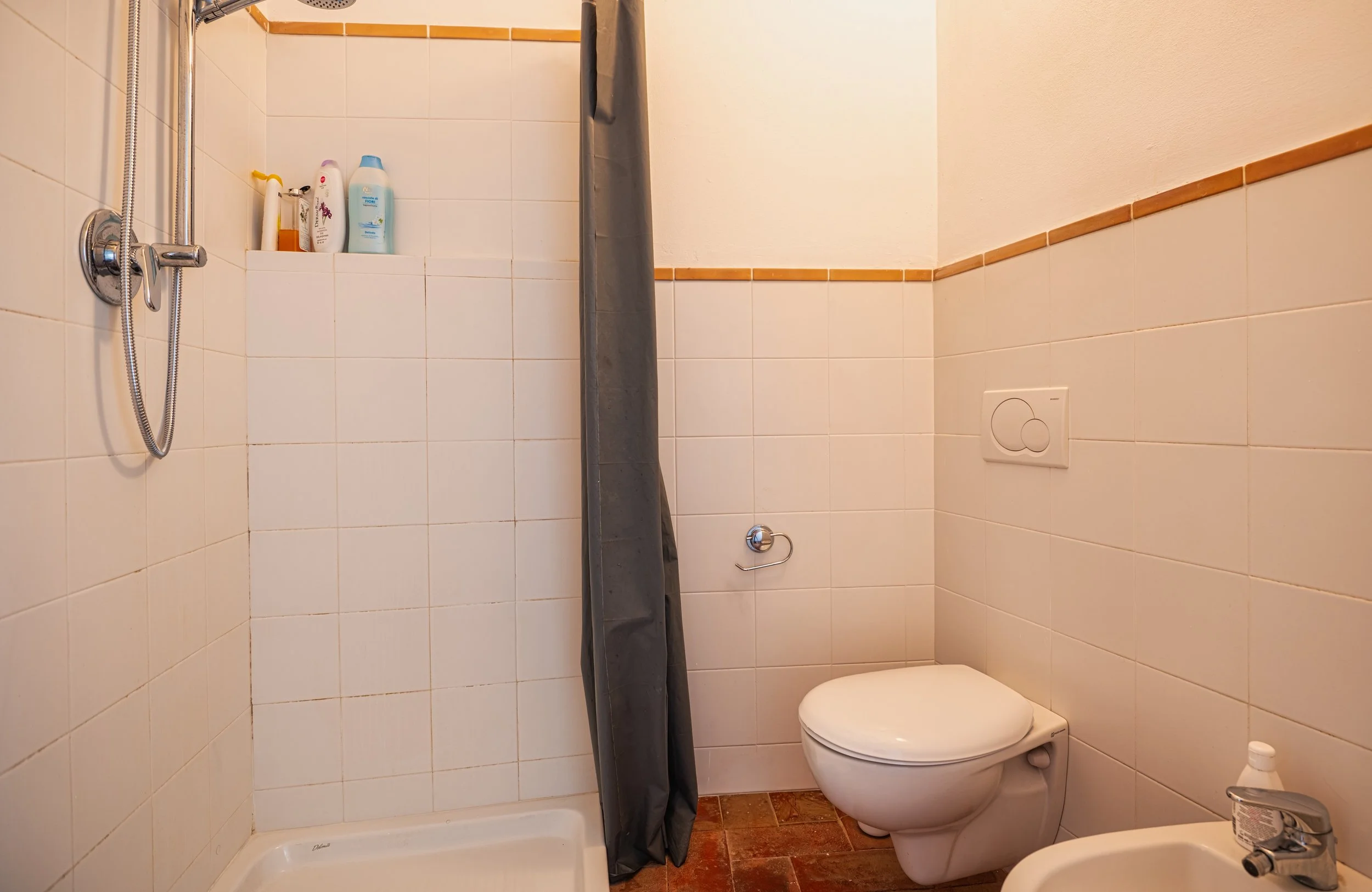 Bagno con doccia, Water e bidet, pareti beige con piastrelle, suppellettili e prodotti per la cura del corpo